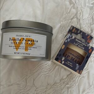 NWT Trader Joe’s Vanilla Pumpkin Candle and Vanilla Lip Mask